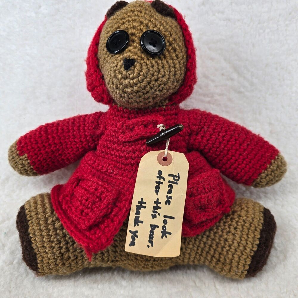 Paddington Bear Teddy Crocheted 11” Red Hooded Sweater Handmade Vtg Granny Core
